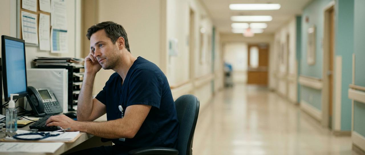 Tired clinician sitting at a hospital workstation
