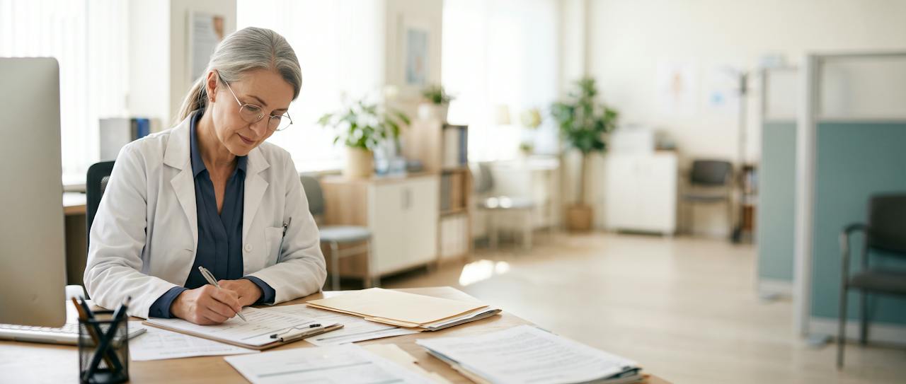 Physician reviewing her notes